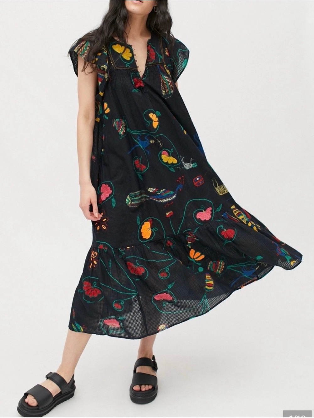 Urban Outfitters Black Midi Dress with Multicolor Floral Motifs